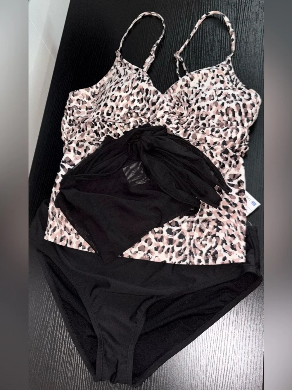 Dorina Swim Womens XL Leopard Tankini 3 Piece Swimsuit Set Black Wrap NWT